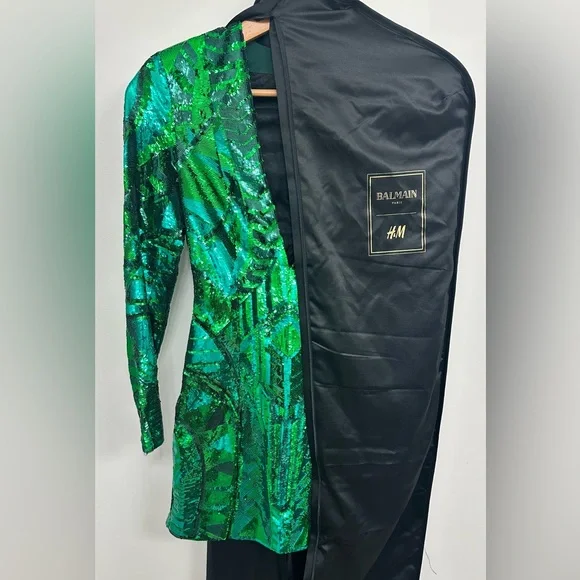 BALMAIN x H&M Emerald Sequin Long Sleeve Plunge Dress - Picture 3 of 6